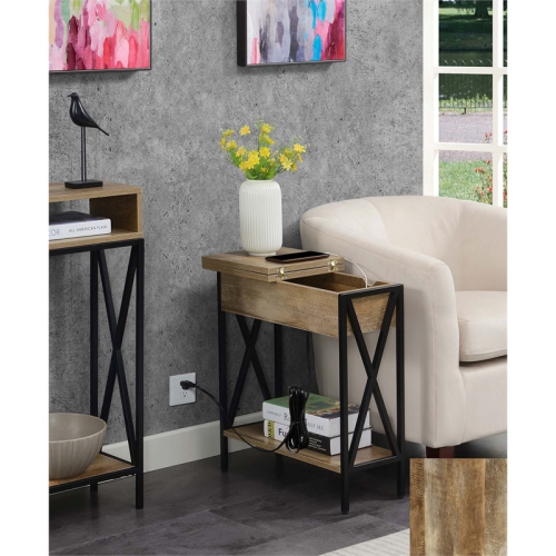 Tucson Flip Top End Table with Charging Station and Shelf in Nutmeg Wood Finish