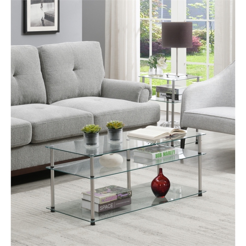 Pemberly Row Three-Tier Coffee Table with Clear Glass Shelves