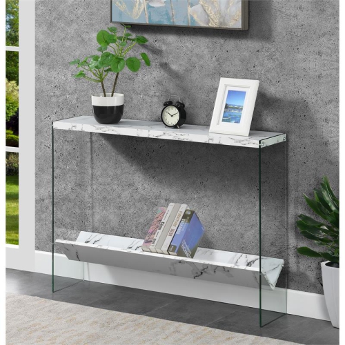Convenience Concepts SoHo V Console Table with Shelf in White Marble Wood Finish