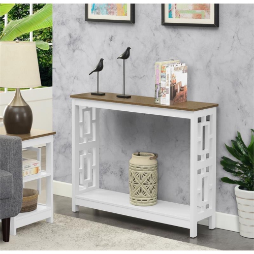 Town Square Console Table with Shelf in White Wood with Driftwood Top
