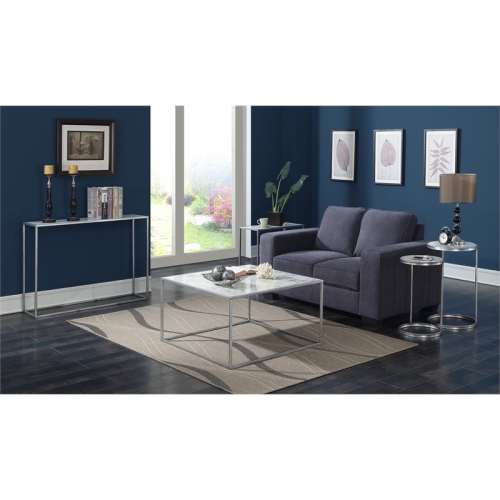 Convenience Concepts Gold Coast Faux Marble Round End Table- Silver Metal Frame