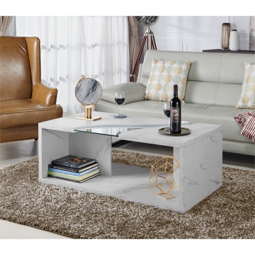Bowery Hill Contemporary Glass Insert Coffee Table in Marble White