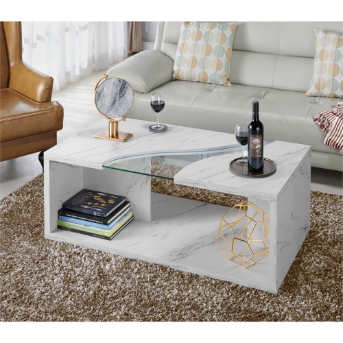Bowery Hill Contemporary Glass Insert Coffee Table in Marble White