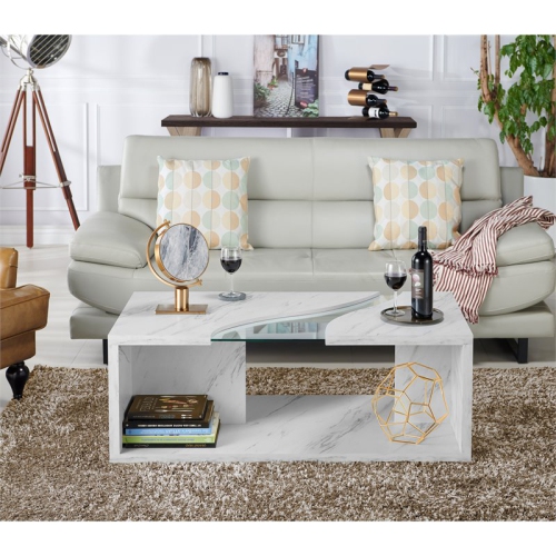 Bowery Hill Contemporary Glass Insert Coffee Table in Marble White