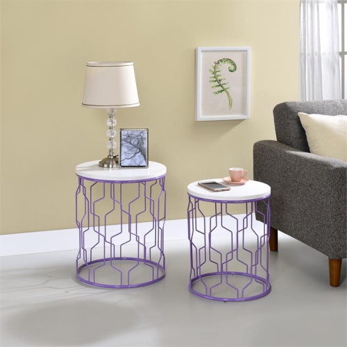 Furniture of America Vereira Metal 2-Piece Nesting Table in Purple and White