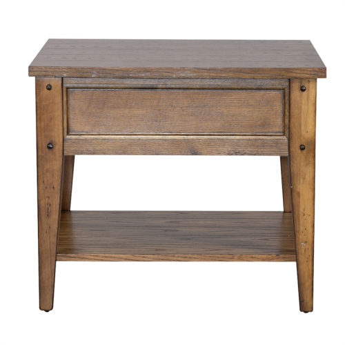 Pemberly Row Contemporary Brass End Table in Oak