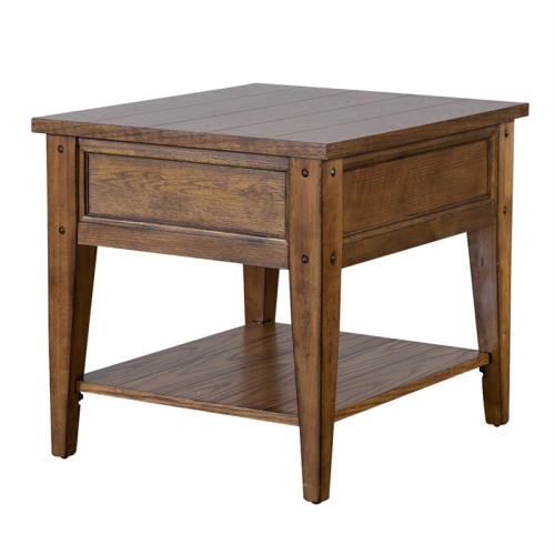 Pemberly Row Contemporary Brass End Table in Oak