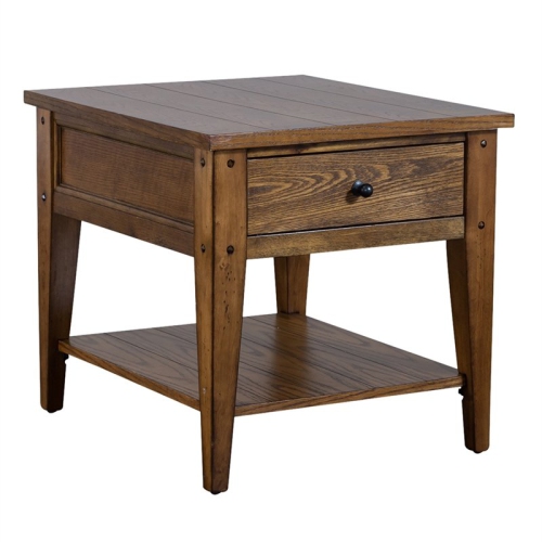 Pemberly Row Contemporary Brass End Table in Oak