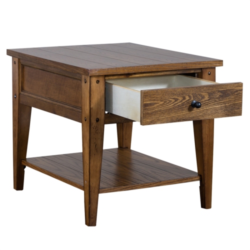 Pemberly Row Contemporary Brass End Table in Oak