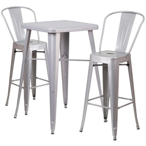 BOWERY HILL  Metal 3 Piece Bar Table Set In Silver