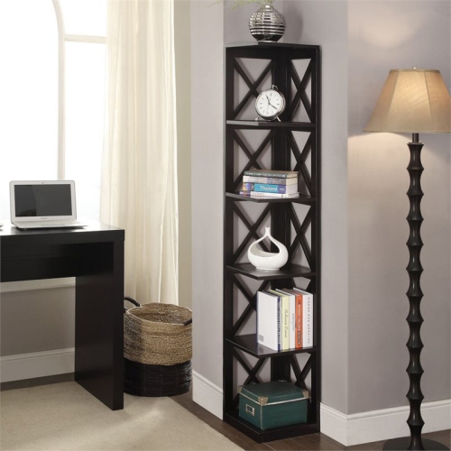 PEMBERLY ROW  5 Shelf Corner Bookcase In Black Wood Finish