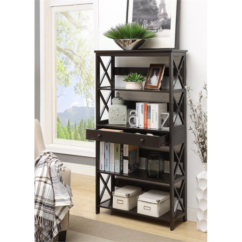 Convenience Concepts Oxford 5 Tier Bookcase with Drawer in Black Wood Finish
