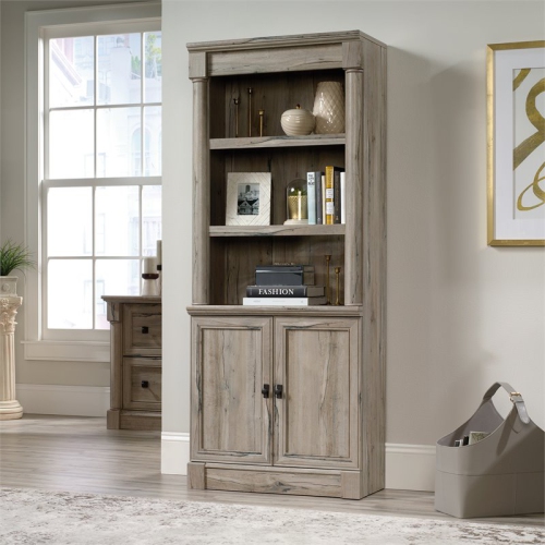 Pemberly Row Engineered Wood and Metal 3-Shelf Bookcase in Split Oak