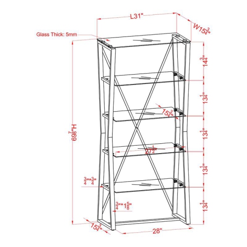 Furniture of America Abair Contemporary Glass Shelves Bookcase in Gold