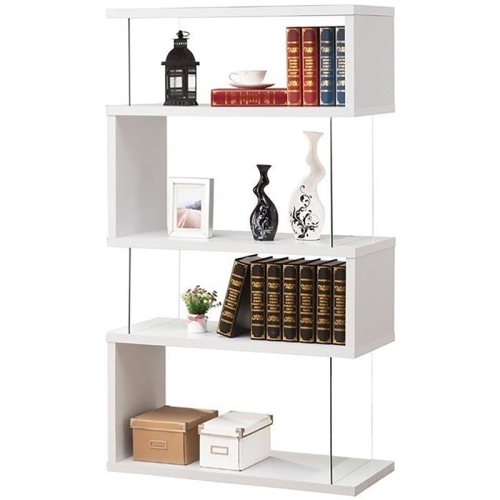 BOWERY HILL  Modern Glass 4 Shelf Asymmetrical Snaking Bookcase In Glossy In White