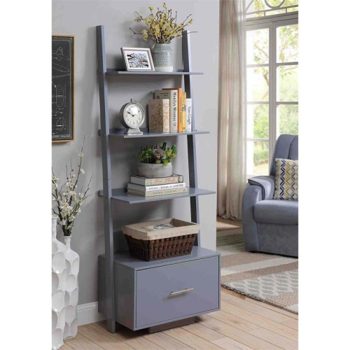 Pemberly Row Ladder Bookcase with File Drawer in Gray Wood Finish