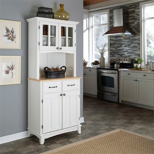 Pemberly Row White Wood Buffet with Natural Wood Top and 2-Door Panel Hutch