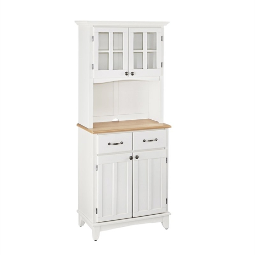 Pemberly Row White Wood Buffet with Natural Wood Top and 2-Door Panel Hutch