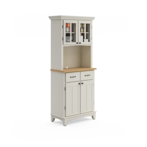 Pemberly Row White Wood Buffet with Natural Wood Top and 2-Door Panel Hutch