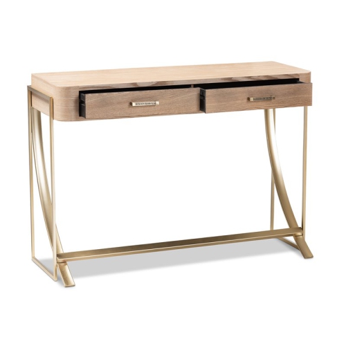 Baxton Studio Lafoy Mid-Century 2-Drawer Wood Console Table in Brown and Gold