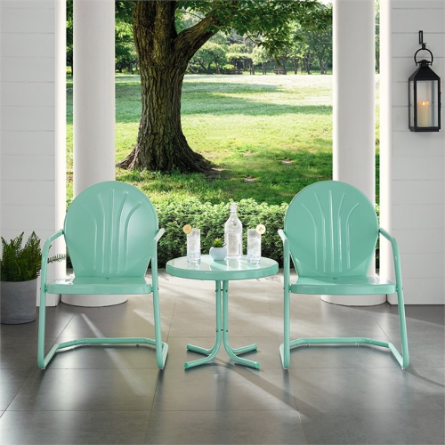 Crosley Furniture KO10004AQ Griffith 3-Piece Retro Metal Outdoor Seating Set with 2 Chairs and Side Table, Aqua