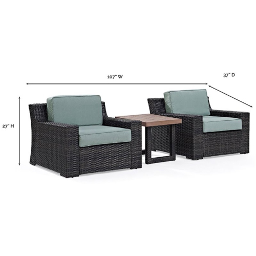 Crosley Furniture KO70124BR-MI Beaufort 3-Piece Outdoor Wicker Seating Set, Brown with Mist Cushions