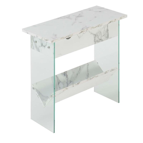 SoHo Electric Flip Top End Table in White Faux Marble Wood Finish w/ Clear Glass