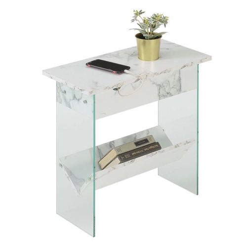 SoHo Electric Flip Top End Table in White Faux Marble Wood Finish w/ Clear Glass