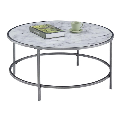 Convenience Concepts Gold Coast Faux Marble Round Coffee Table in White Wood
