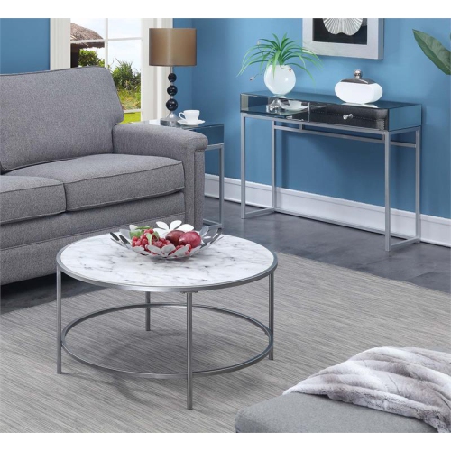 Convenience Concepts Gold Coast Faux Marble Round Coffee Table in White Wood