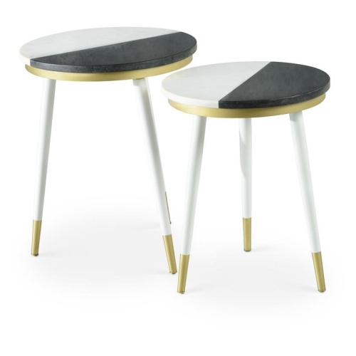 STEVE SILVER COMPANY  Taj Black And Marble Top 2-Pack Round Side Table Set In White