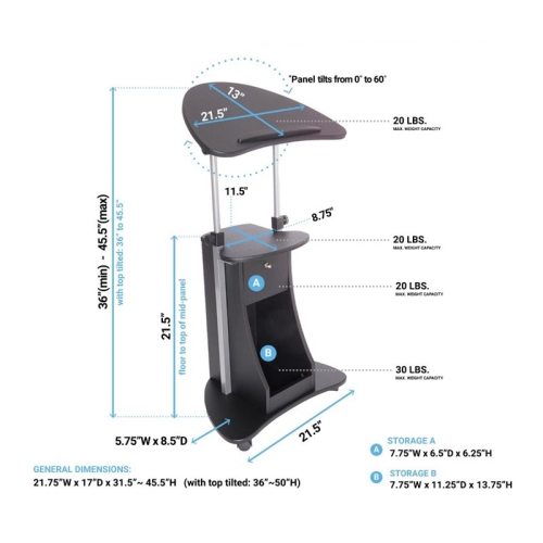 Scranton & Co Deluxe Height Adjustable Laptop Cart in Black
