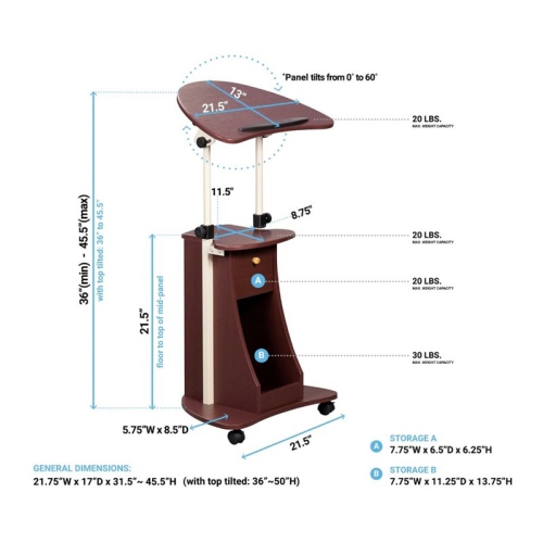 Scranton & Co Deluxe Height Adjustable Laptop Cart in Chocolate