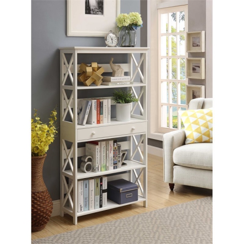Convenience Concepts Oxford Five-Tier Bookcase with Drawer in White Wood Finish