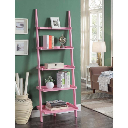 Pemberly Row Bookshelf Ladder with Five Tiers in Bright Pink Wood Finish