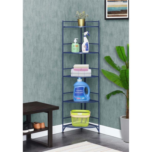 Pemberly Row Five-Tier Folding Corner Shelf in Blue Metal