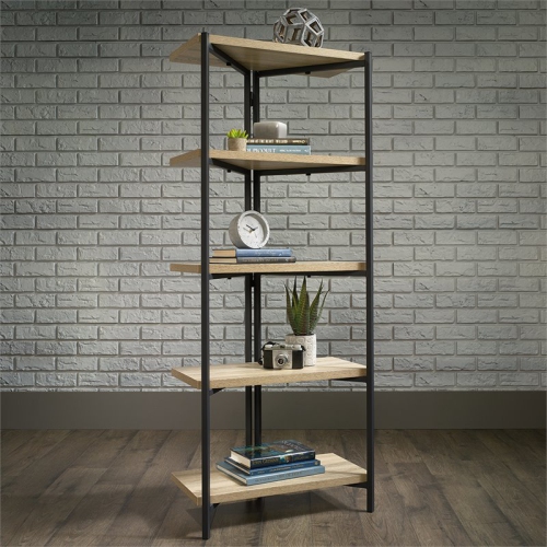 Pemberly Row Metal and Engineered Wood 4-Shelf Bookcase in Charter Oak