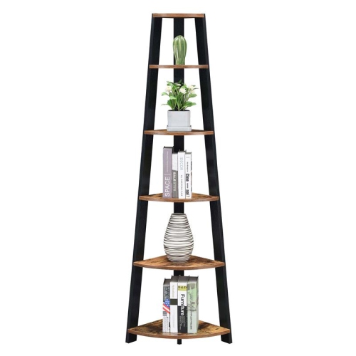 Newport Five-Tier Corner Bookshelf in Nutmeg Wood Finish with Black Wood Frame