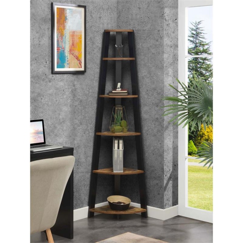 Newport Five-Tier Corner Bookshelf in Nutmeg Wood Finish with Black Wood Frame