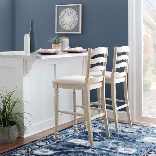 Pemberly Row 30" Retro Wood/Fabric Bar Stool in Antique White