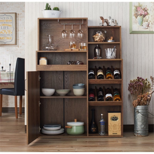 Bowery Hill Wood Multi-Storage Bar Cabinet in Distressed Walnut