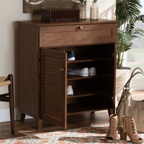 Bowery Hill Contemporary Wood 4-Shelf and Drawer Shoe Cabinet in Walnut Brown