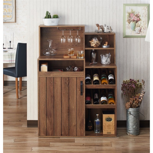 Furniture of America Dillan Wood Multi-Storage Bar Cabinet in Distressed Walnut