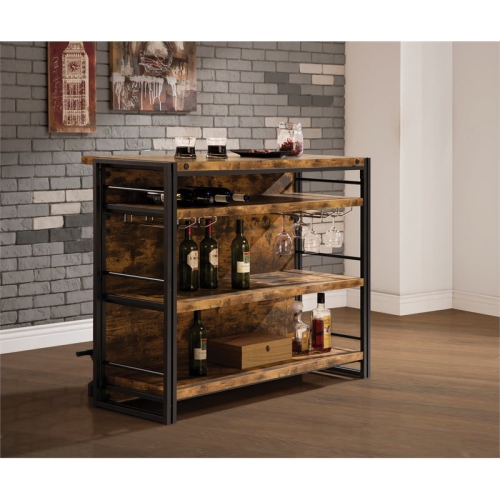 Bowery Hill Wood Industrial Home Bar Unit With Stemware Rack in Antique Nutmeg