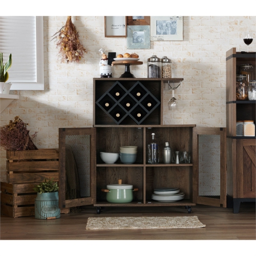 Furniture of America Codex Rustic Wood 4-Shelf Mini Bar in Reclaimed Oak