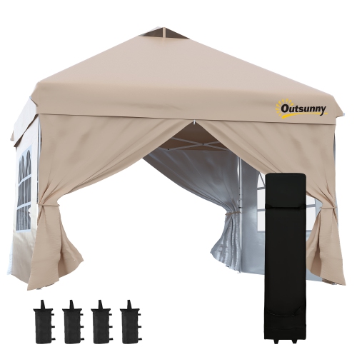 Image 1 de 9.. Tente à toit escamotable Outsunny, abri instantané, tentes pour les fêtes, avec sac de transport à roulettes, pour l'extérieur, jardin, patio, beige,
