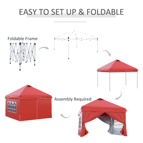 Outsunny 10' x 10' Pop Up Canopy Tent, Instant Sun Shelter, Tents for Parties, with Wheeled Carry Bag, for Outdoor, Garden, Patio, Red