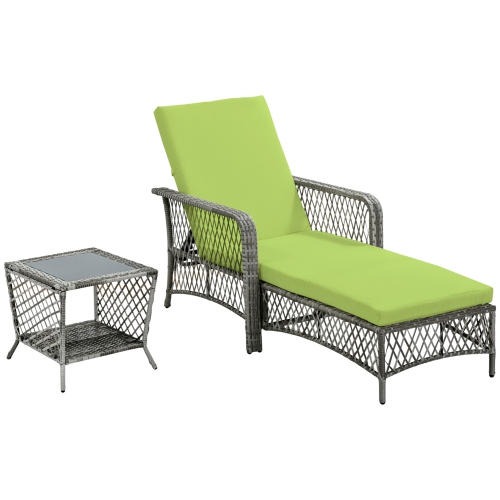 Outsunny 2 Pieces Wicker Patio Lounge Set w/ Cushions, Outdoor PE Rattan Sun Lounger Sets w/ 5-Level Reclining Chaise Chair & Two-tier Glass Top Coff