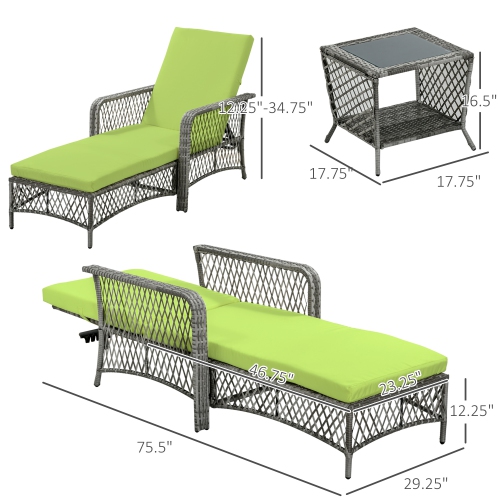 Outsunny 2 Pieces Wicker Patio Lounge Set w/ Cushions, Outdoor PE Rattan Sun Lounger Sets w/ 5-Level Reclining Chaise Chair & Two-tier Glass Top