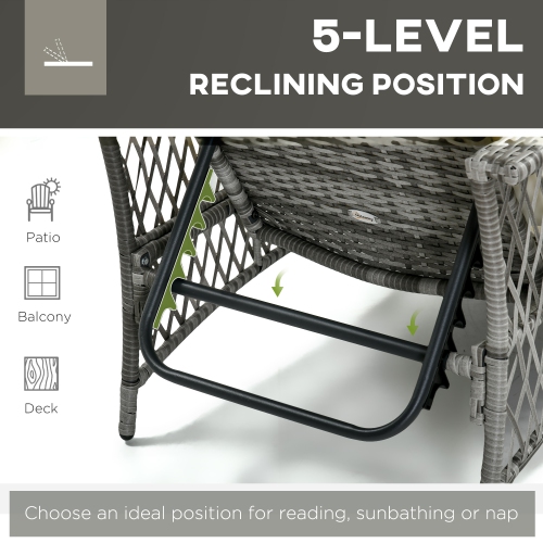Outsunny 2 Pieces Wicker Patio Lounge Set w/ Cushions, Outdoor PE Rattan Sun Lounger Sets w/ 5-Level Reclining Chaise Chair & Two-tier Glass Top
